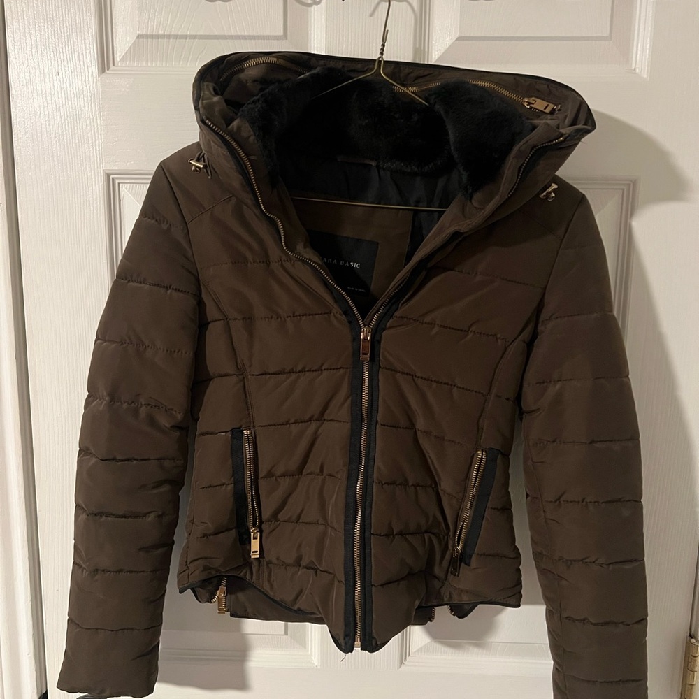 Zara Brown Cropped Puffer Jacket with Hood